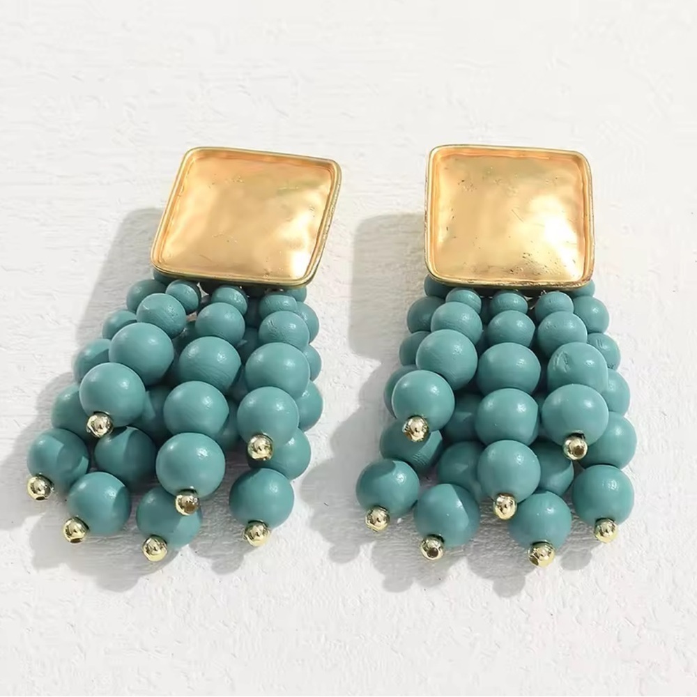 Gold Blue Cascade Beaded Earrings